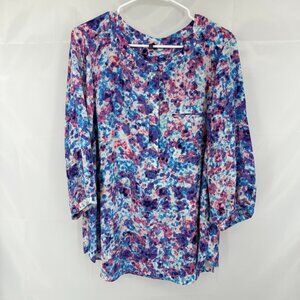 NYDJ Women 1X Printed Top Blouse Lightweight Blue Pink 3/4 Sleeve Flowy Shirt